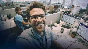 guy taking a selfie with client data in background
